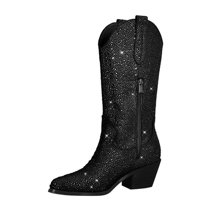 Women Knee High Boots Rhinestone Booties