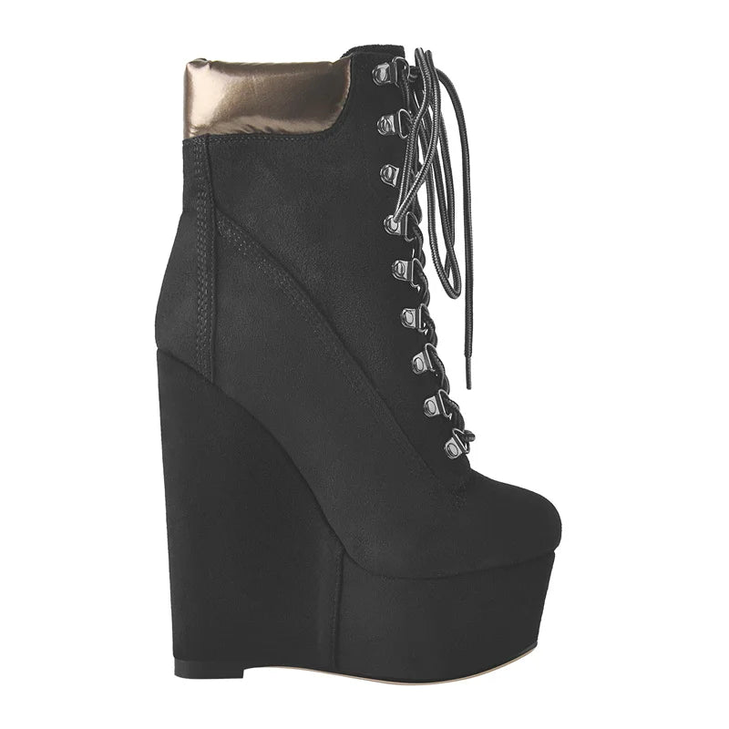 Women Platform Wedges Booties  High Heels Lace Up Flock  Winter Booties