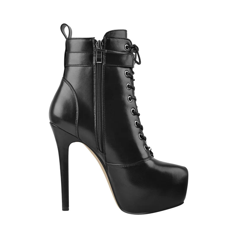 Women Thin High Heels Lace Up Inner Platform Metal Chain Decoration Ankle Booties